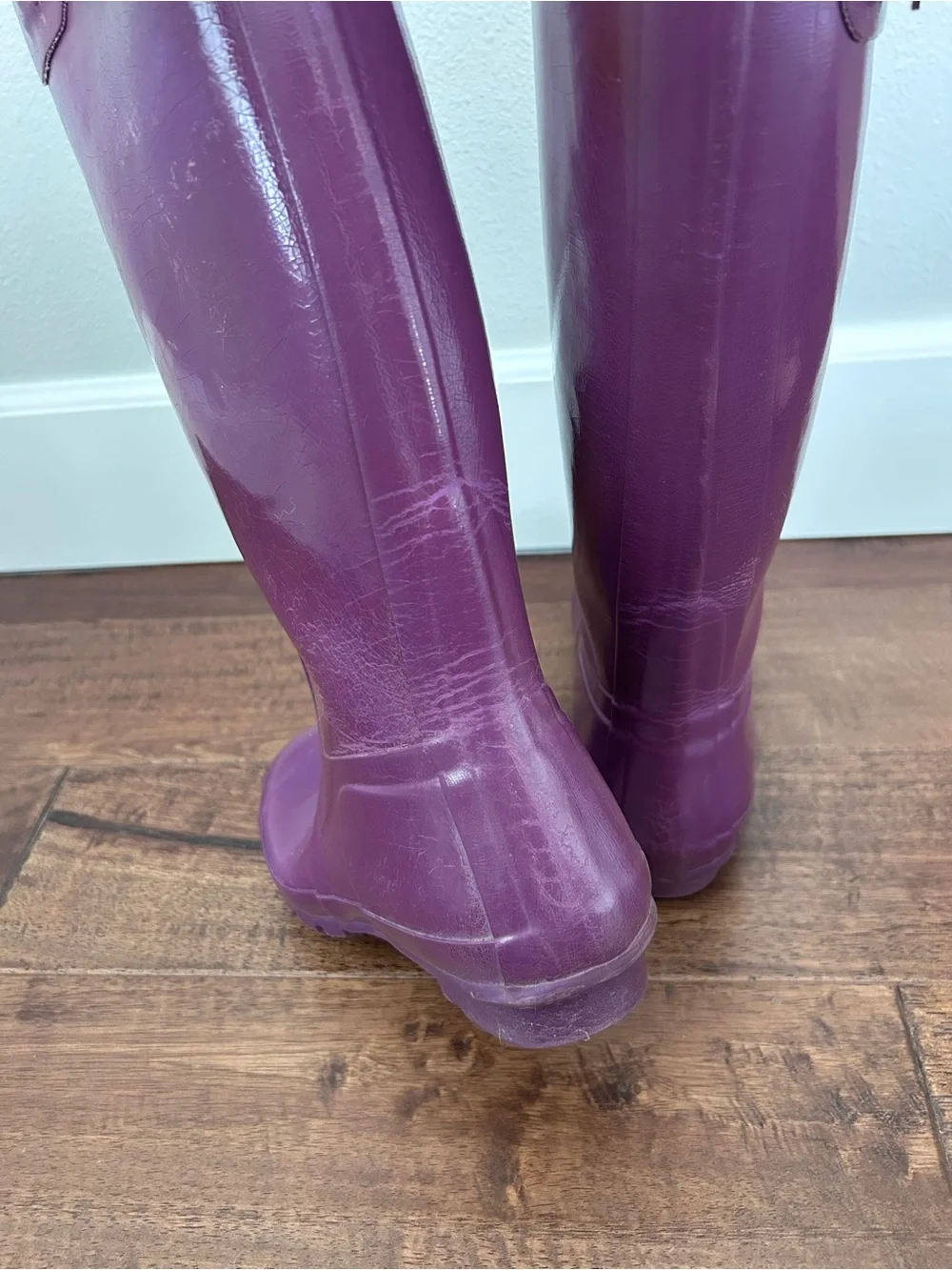 Hunter Purple Tall Gloss Rain Boots with Gray Knit Cuffs